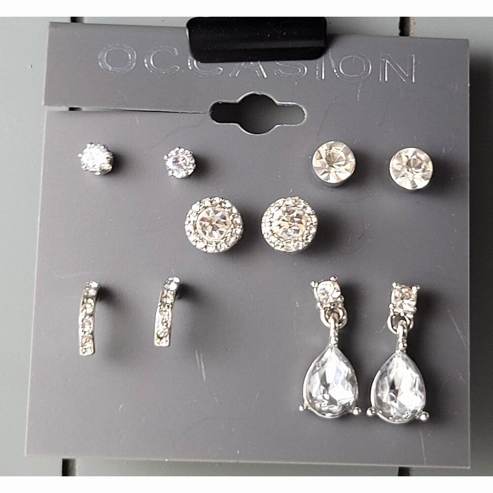 Multi-Set Earrings Clear Faux Crystal New on Card Rhinestone Dangle Hoop Studs